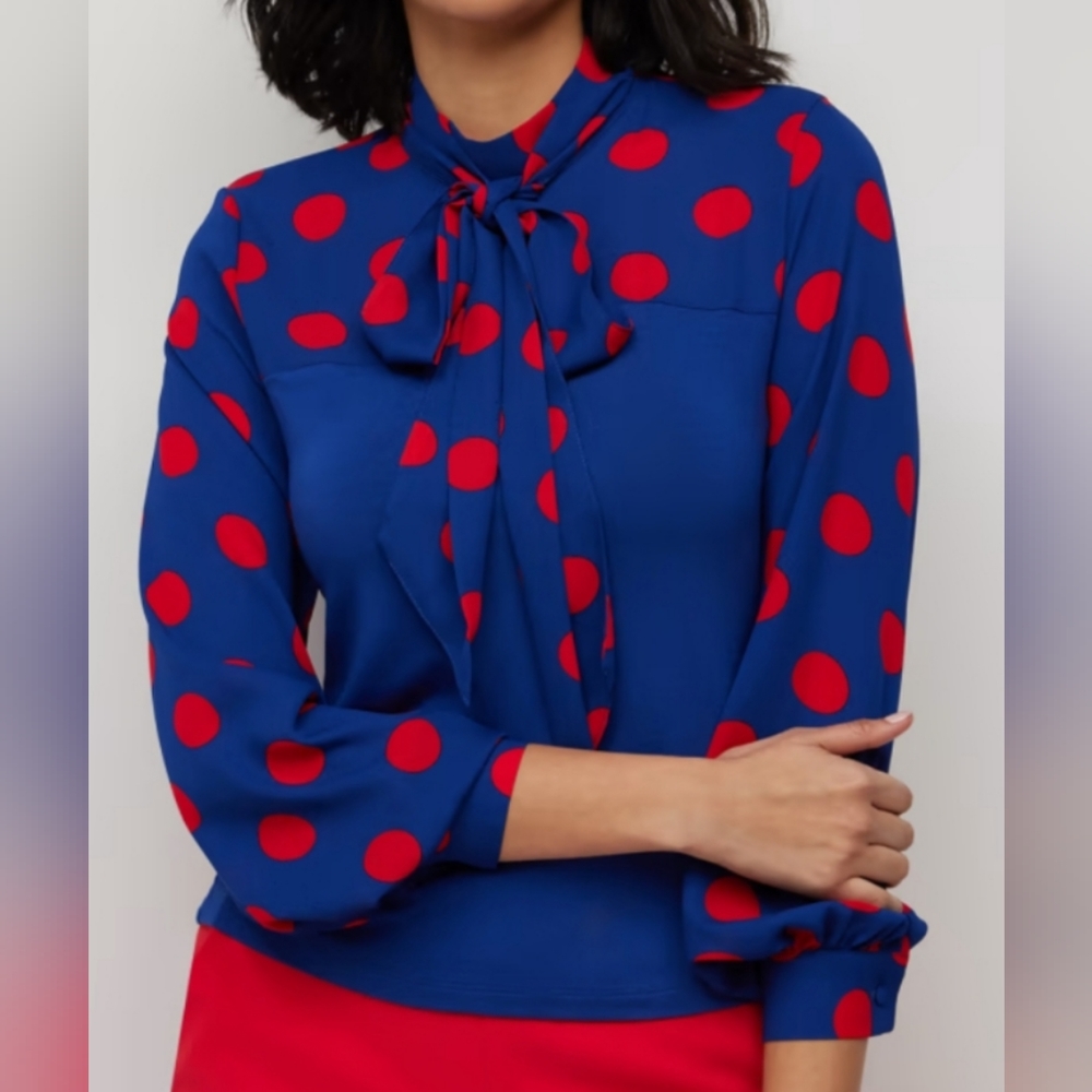 New York and Company Polka-Dot Bow-Front Mixed Media Top NWT